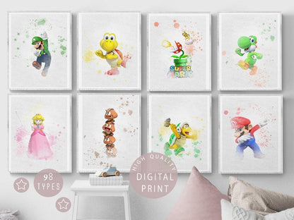 Set 8 MARIO BROSS PRINTABLE Art Watercolour Prints - 98typesPRINTABLES