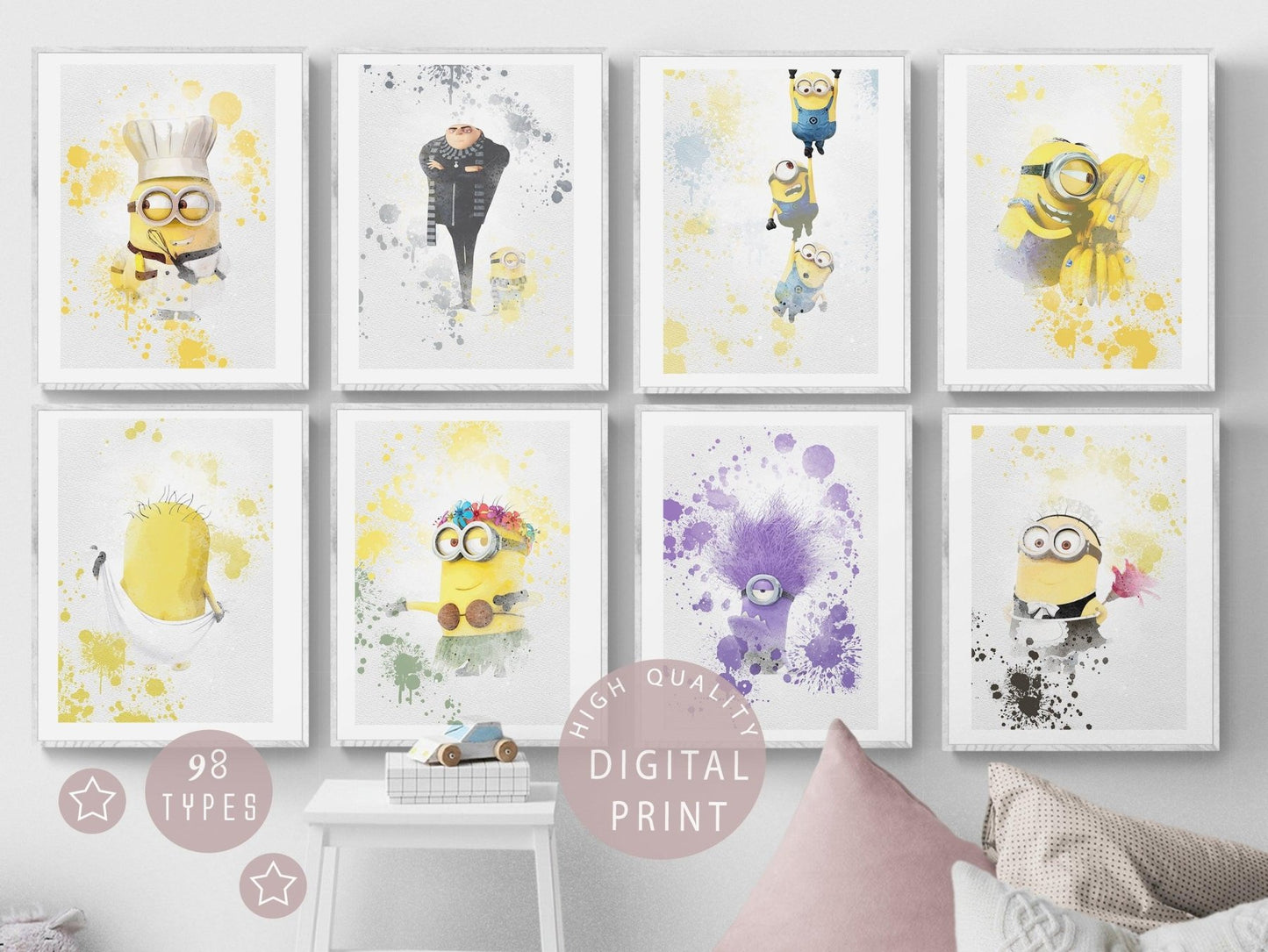 Set of 8 minions Disney Watercolour Printable Poster - 98typesPRINTABLES