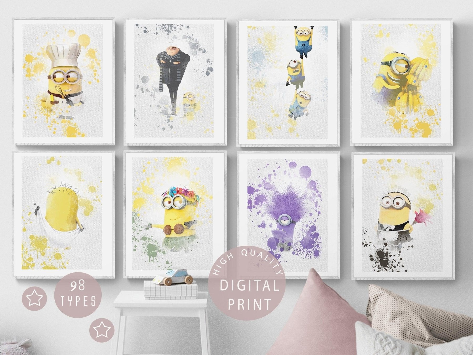 Set of 8 minions Disney Watercolour Printable Poster - 98typesPRINTABLES