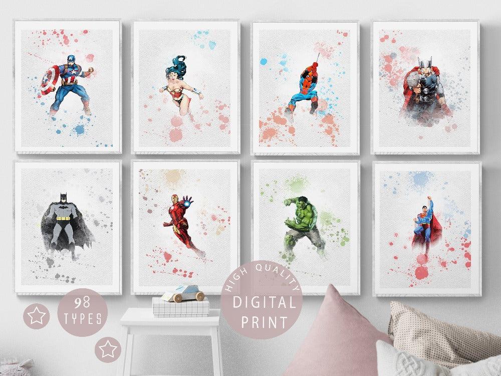 Set of 8 Retro Super Heoes Printable Watercolour Print - 98typesPRINTABLES