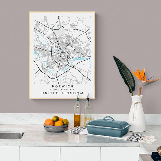 Norwich Norfolk street map print — cathedral city map wall art poster UK
 - 98types